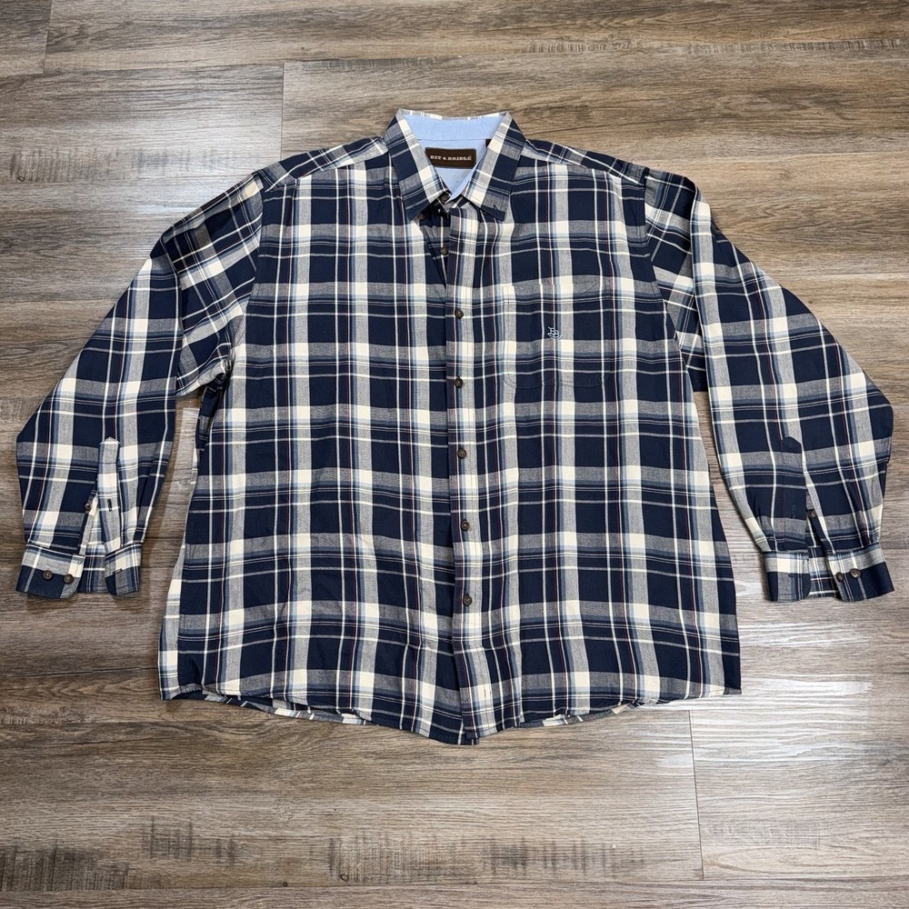 Bit & Bridle Shirt Mens Extra Large Long Sleeve Plaid Blue Button Up